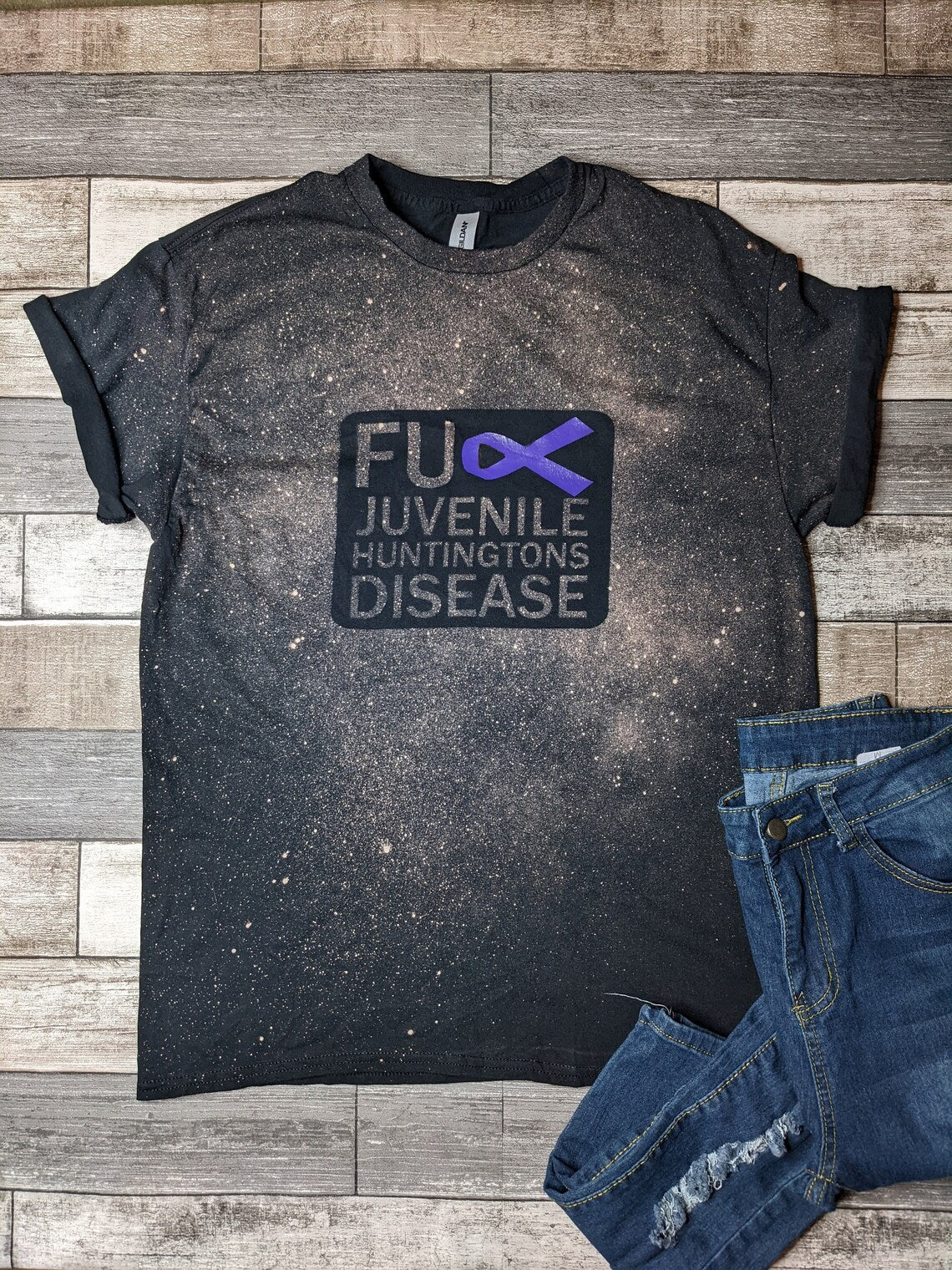 FU** Juvenile Huntingtons Disease Bleach Tee w/Blue vinyl ribbon