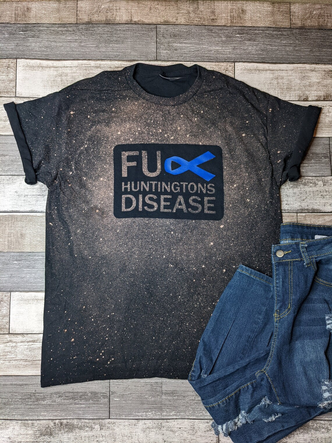 FU** Huntingtons Disease Bleach Tee w/Blue vinyl ribbon